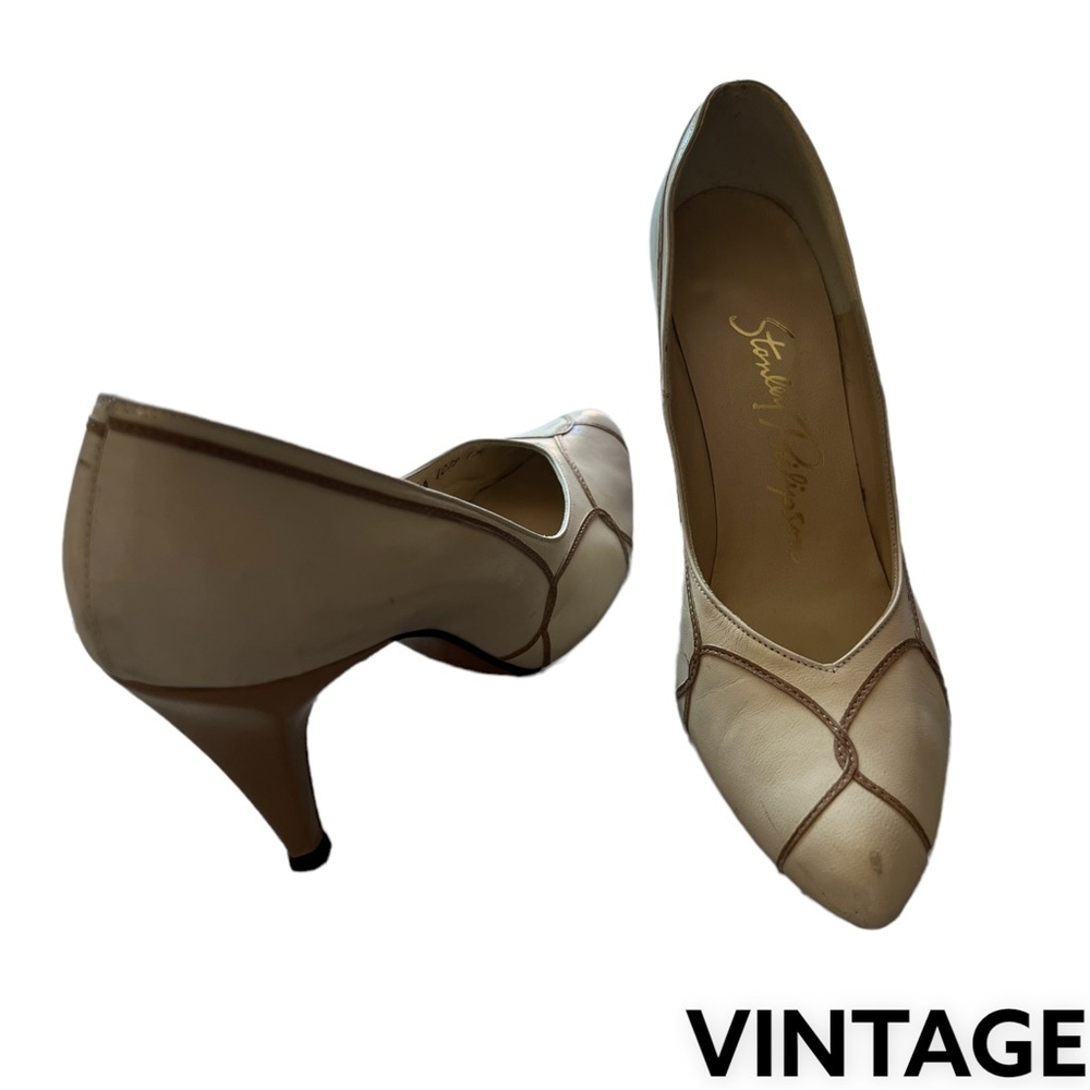 STANLEY PHILIPSON Heels Pumps Leather & Details Taupe/ Camel Ivory 6AA Vintage​